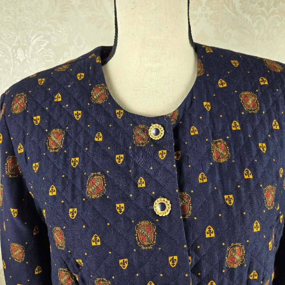 Maggy London Size 12 Navy Blue Quilted Jacket Button Front Crest Fleur De Lis — image 2 of 8